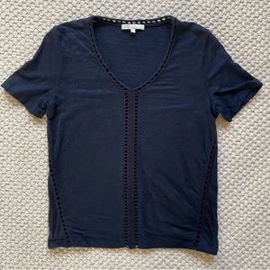 Maje blue linen t-shirt with crocheted trim